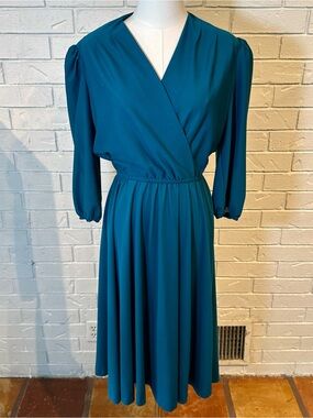 Vintage 80s Teal Wrap Top Midi Dress Womens S/M